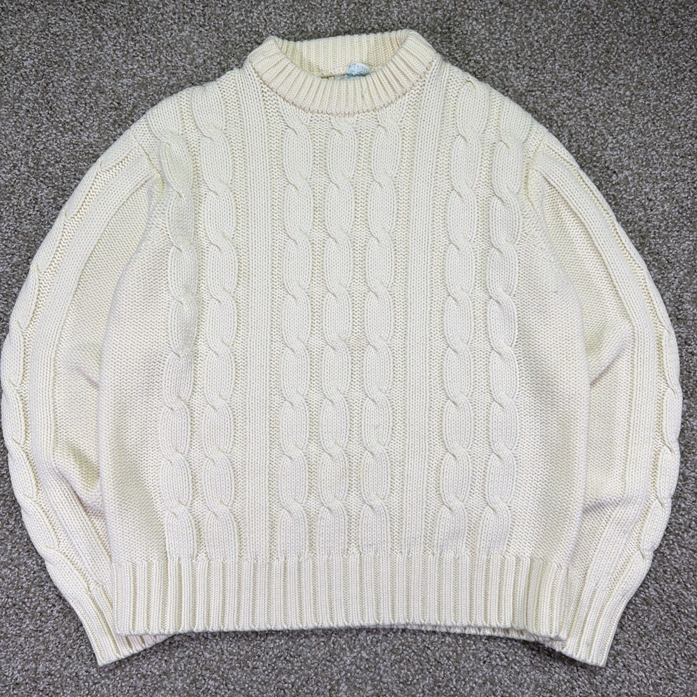 Ivory Cable Knit Pullover Sweate Mens Large 70s Sears Acrylic Knit